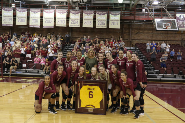 FSU Volleyball: Gabrielle Reece Jersey Retirement Ceremony in Tully Gym before the UNC - FSU volleyball match.